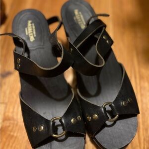 Swedish Hasbeens Black Leather Sandals with Gold Accents